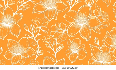 Laranja e branco sem emenda padrões fundo com flores sakura.  Papel de parede tropical botânico com margaridas flor e folhas. 