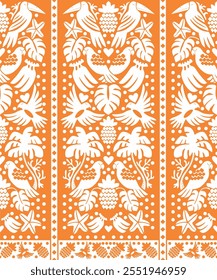 Orange and white seamless tropical vector pattern with stylized birds, botanical leaves and ornamental motifs arranged in decorative vertical stripes for fabric, fashion, wallpaper and surface design.
