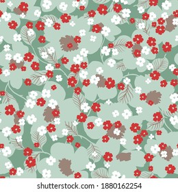 orange and white small vector flowers pattern on seamless flowers green background