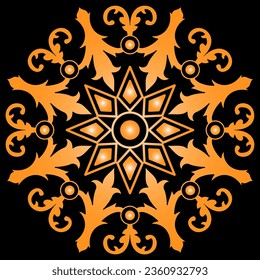 orange and white snowflake ornament pattern on a black background
