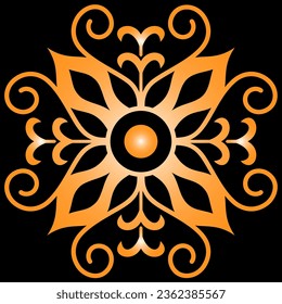 Orange and white snowflake ornament pattern on a black background