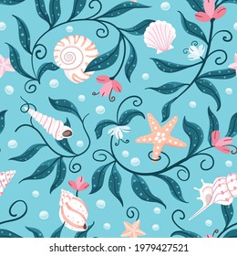 Orange And White Starfish, Various Shaped Seashells And Sea Weed On An Aqua Blue Background. Seamless Repeated Surface Vector Pattern Design Perfect For Swimming Suites And Beach Wear.