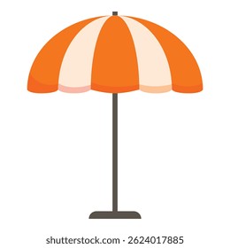 Orange and white striped beach umbrella standing on the sand