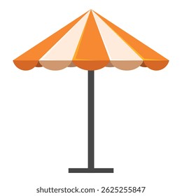 Orange and white striped beach umbrella standing on a white background
