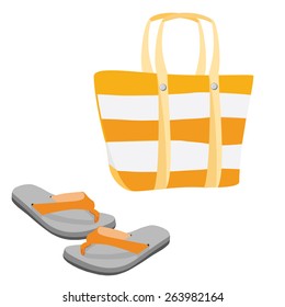 Orange and white striped summer beach bag and flip flop sandals footwear vector set 