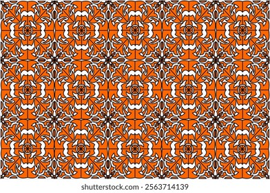 Orange and white symmetrical geometric motif with artistic patterns in a classic style. This design features intricate details with floral elements and regular circular shapes, perfect for background.