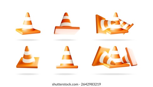 Conjunto de cono de tráfico naranja y blanco. Barrera de advertencia 3D para la construcción de carreteras o zonas de peligro. COLECCIÓN de elementos de diseño de interfaz de usuario.