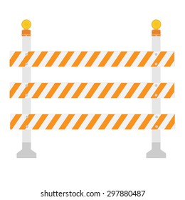 Orange And White, Triple, Striped Road Barrier, Barricade. Road Block With Signal Lamp Vector Isolated. Warning Lamp Or Light