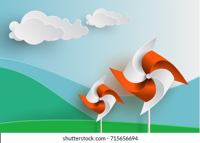 Orange and White Wind turbine on Mountain background in Paper cut Style