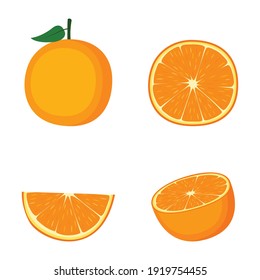 Orange, whole fruit, half and slice, on white background, vector illustration