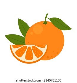 Orange whole fruit and slice isolated on white background. Orange or grapefruit ripe fruit icon for package design. Organic food, vegetarian product. Citrus vector flat illustration.