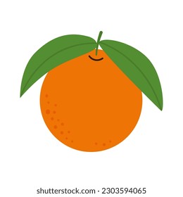Orange whole with leaves, natural healthy Fruit. Citrus food icon. Ripe juisy vitamin organic vegetarian eating. Flat vector illustration isolated on white background
