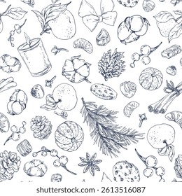 Orange whole and peeled tangerines with candles, pine branch and cone, cotton, spice leaves, cookies and chocolates. Graphic illustration hand drawn in black ink. Seamless pattern EPS vector.