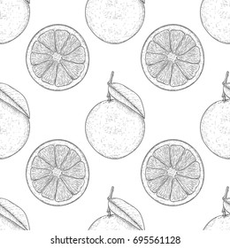 Orange, whole and slice. Hand drawn black and white sketch as seamless pattern. Vector illustration
