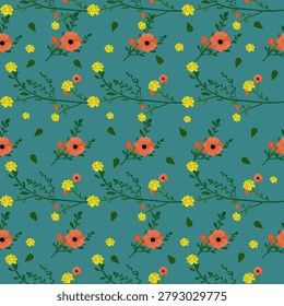 Orange Wildflower Seamless Floral Pattern with Yellow Blossoms and Green Leaves on Teal Background, Botanical Vector Design for Fabric, Textile, Wallpaper and Wrapping Paper