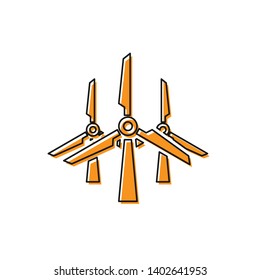 Orange Wind turbines icon isolated on white background. Wind generator sign. Windmill silhouette. Windmills for electric power production. Vector Illustration