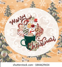 Orange winter pattern card with cookies and inscription 'Merry Christmas'