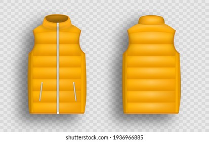 Orange winter puffer vest, sleeveless jacket mockup set, vector illustration isolated on transparent background. Realistic warm waistcoat, down padded vest template, front and back view.