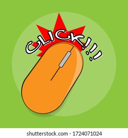 Orange wireless mouse action with lettering 'CLICK' vector design. Computer hardware accessories.