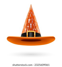 Orange witch hat with golden buckle, hatband and silver stars ornament