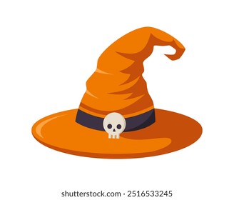 Orange witch hat with a skull, isolated on white background. Flat vector illustration