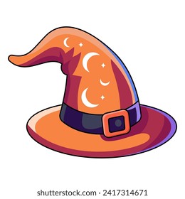 Orange wizard hat. Cartoon magic witch hat. Wizard cap for Halloween party costume. Vector cartoon illustration of fantasy old magician or sorceress hat.