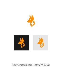 An orange wolf head silhouette with a lightning bolt is presented in a minimalist vector style. 