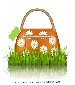 Orange woman spring bag with chamomiles flowers and sale label in grass lawn with reflection on white background