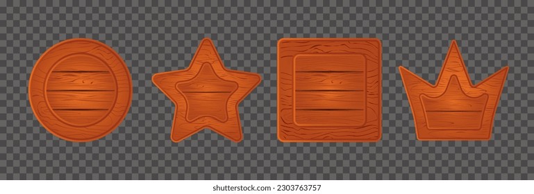 Orange wood game sign board panel cartoon vector frame plank. Wooden texture ui banner crown, star, circle and square button design. Rustic menu interface billboard element kit. User level plaque