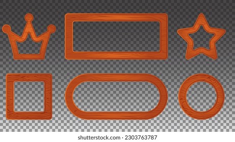 Orange wood game sign board vector cartoon panel. Wooden texture signboard frame ui interface shape menu kit. Farm mobile app isolated plaque element. Blank label illustration with crown and star