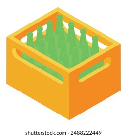 Orange wooden crate containing green glass bottles, for delivery to bars, restaurants and stores