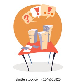 Orange wooden table in office with stack of paper on it, room interior of workplace. Orange labels with question and exclamation marks on circle Multi task planning, business organization and planning