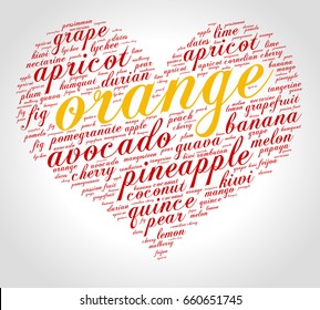 Orange. Word cloud in shape of heart, italic font, grey gradient background. Fruit.