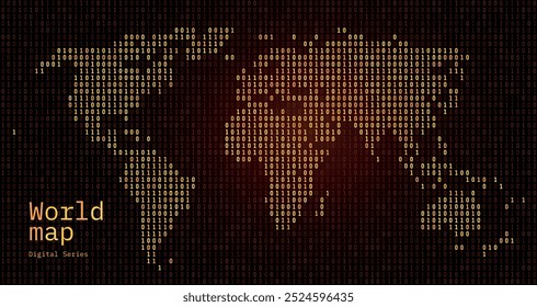 Mapa do mundo laranja mostrado no padrão de código binário. Números da Matriz Verde, zero, um.	