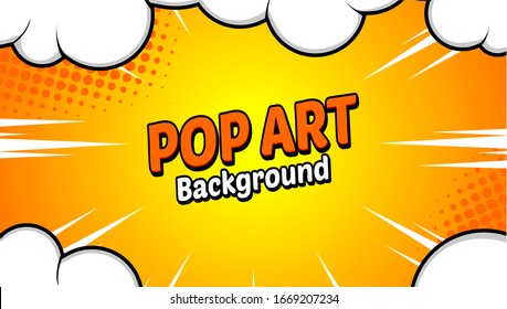 Orange Wow pop art cloud bubble. Funny speech bubble. Trendy Colorful retro vintage background in pop art retro comic style. Illustration easy editable