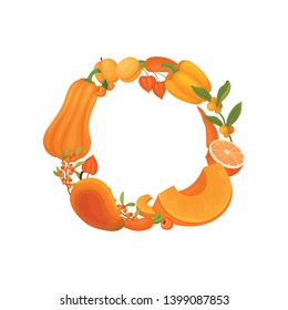 Orange wreath of monochrome vegetables and fruits. Vector illustration on white background.