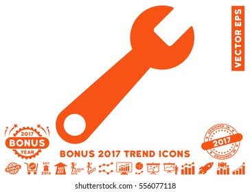 Orange Wrench pictogram with bonus 2017 trend icon set. Vector illustration style is flat iconic symbols, white background.