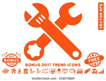 Orange Wrenches icon with bonus 2017 year trend pictograms. Vector illustration style is flat iconic symbols, white background.
