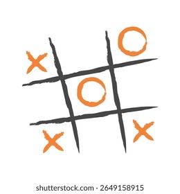 Orange Xs and Os on a charcoal tic-tac-toe grid, against a white background, creating a playful, hand-drawn, slightly imperfect, and lighthearted ambiance.