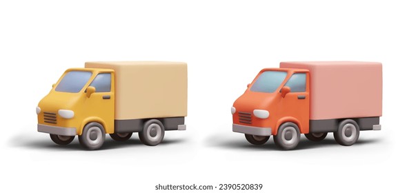 Camión 3D naranja y amarillo. Vehículo con cuerpo sin marcar, burla. Auto realista con sombra. Transporte de mercancías, entrega de paquetes. Servicios de empresas de logística