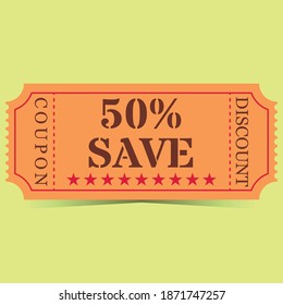 Orange, yellow 50 percent discount coupon in vintage style with shadow on yellow background. Vector illustration.