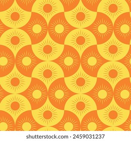 Sol Abstractas naranja y amarillo en forma de vieira geométrica patrón sin fisuras. Para la decoración del hogar, Fondo de pantalla y tela 