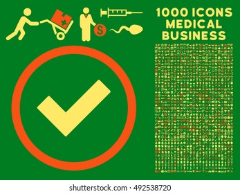 Orange And Yellow Accept vector bicolor rounded icon. Image style is a flat icon symbol inside a circle, green background. Bonus set is 1000 medicine business design elements.