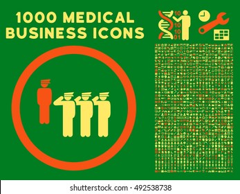 Orange And Yellow Army Squad vector bicolor rounded icon. Image style is a flat icon symbol inside a circle, green background. Bonus set contains 1000 health care business pictographs.