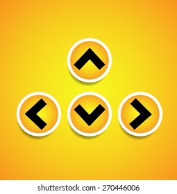 Orange, yellow arrows, arrowheads pointing up, down, left and right. Up, down, left right buttons, icons with arrows casting diagonal shadow