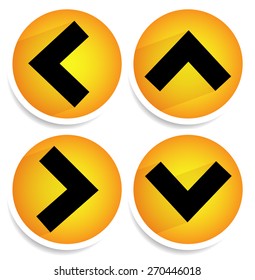 Orange, yellow arrows, arrowheads pointing up, down, left and right. Up, down, left right buttons, icons with arrows casting diagonal shadow