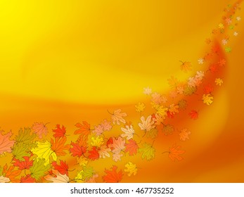 Orange yellow autumn background with flying in the wind of colorful maple leaves