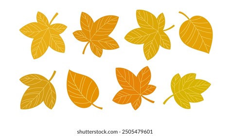 Orange Yellow Autumn Leaves Simple Flat Doodle Illustration Set. Vector Illustration EPS10