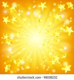 Orange and yellow background with 3d stars flying out.