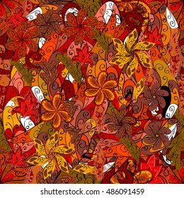 Orange and yellow background with flowers and doodles. Vector.
